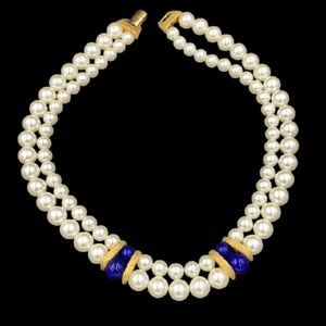 Vintage Napier Faux Pearl and Lapis Glass Necklace